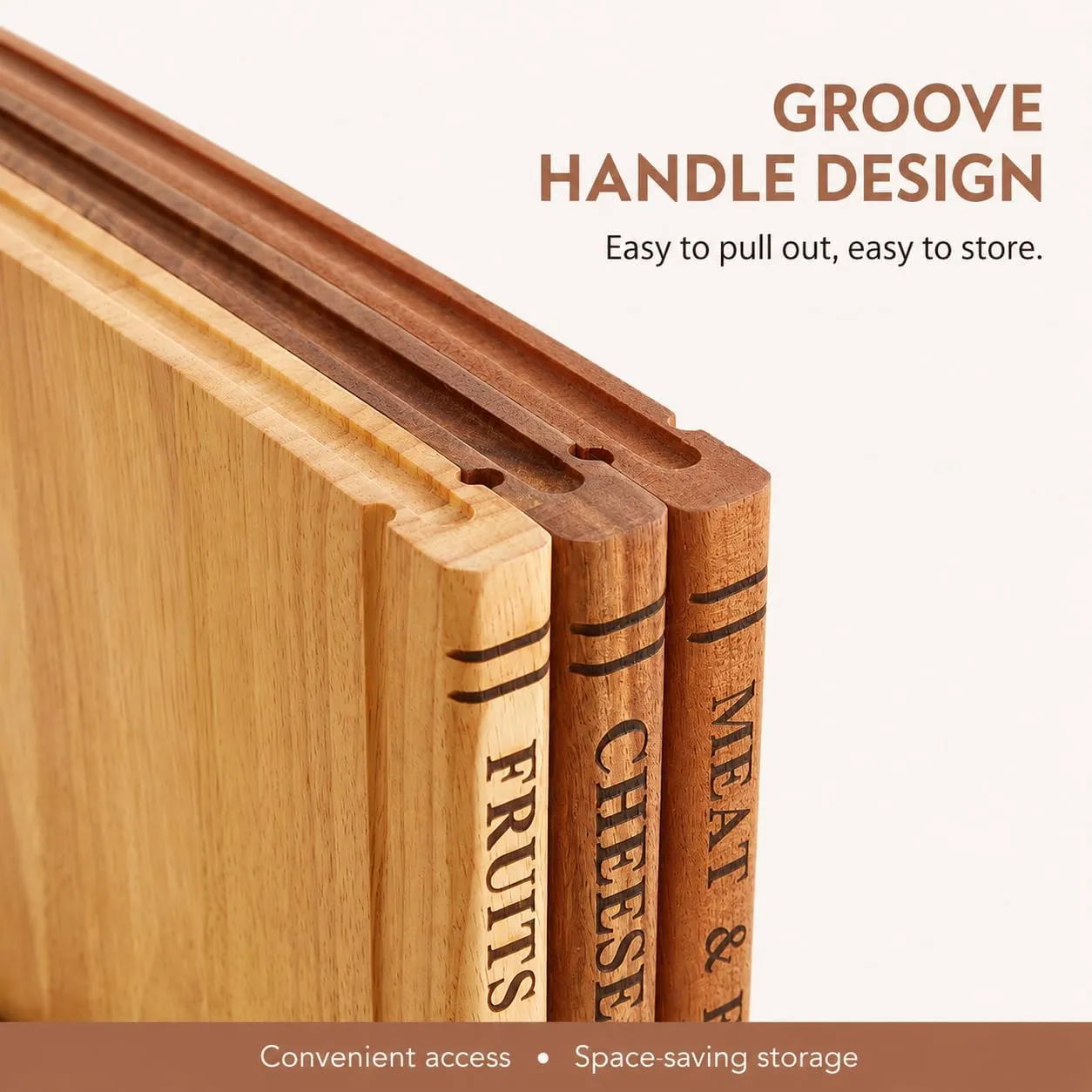 Close view of a reversible solid wood cutting board with edge groove