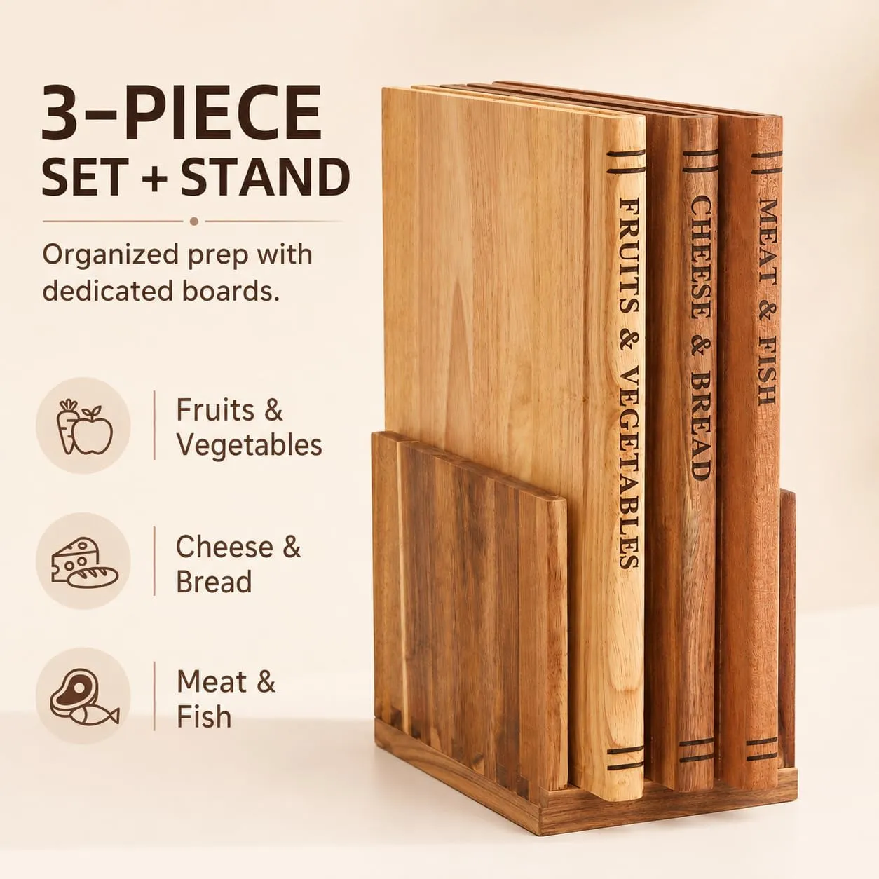 Three labeled solid wood cutting boards and matching storage stand