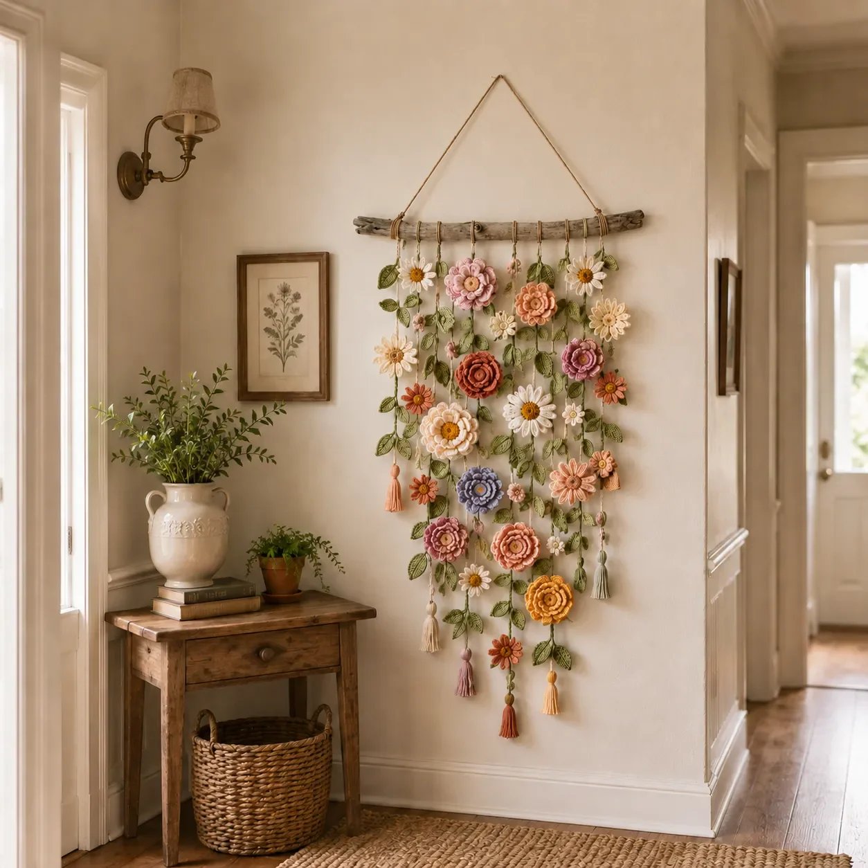 Boho crochet wall hanging in a bright sitting corner