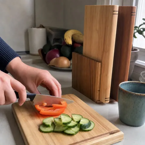 Solid wood cutting board used for morning produce prep
