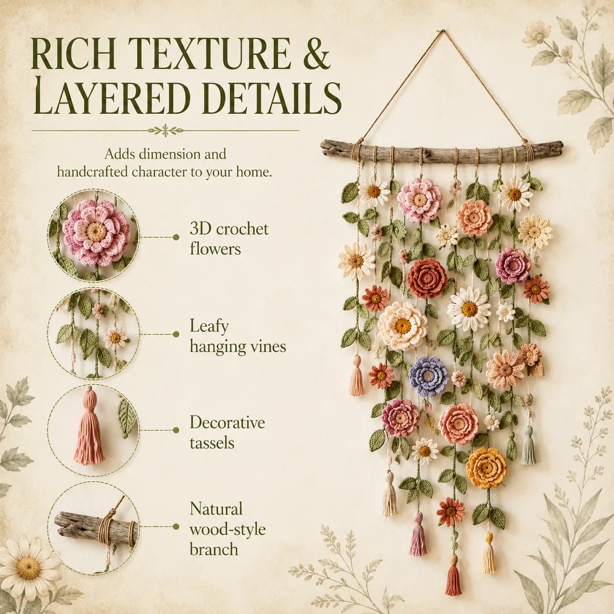 Layered crochet flower and tassel detail graphic