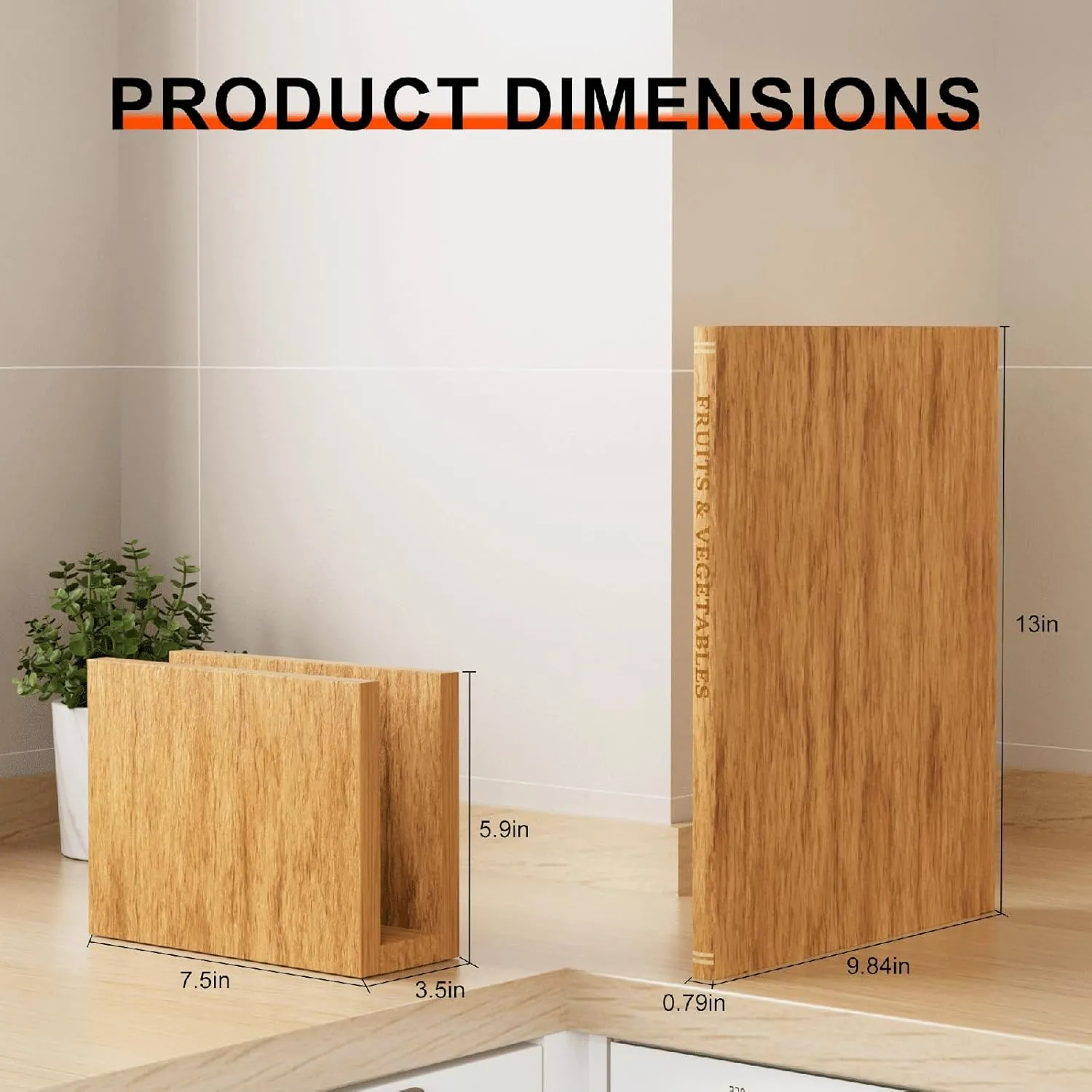 Measurements for each cutting board and the upright storage stand
