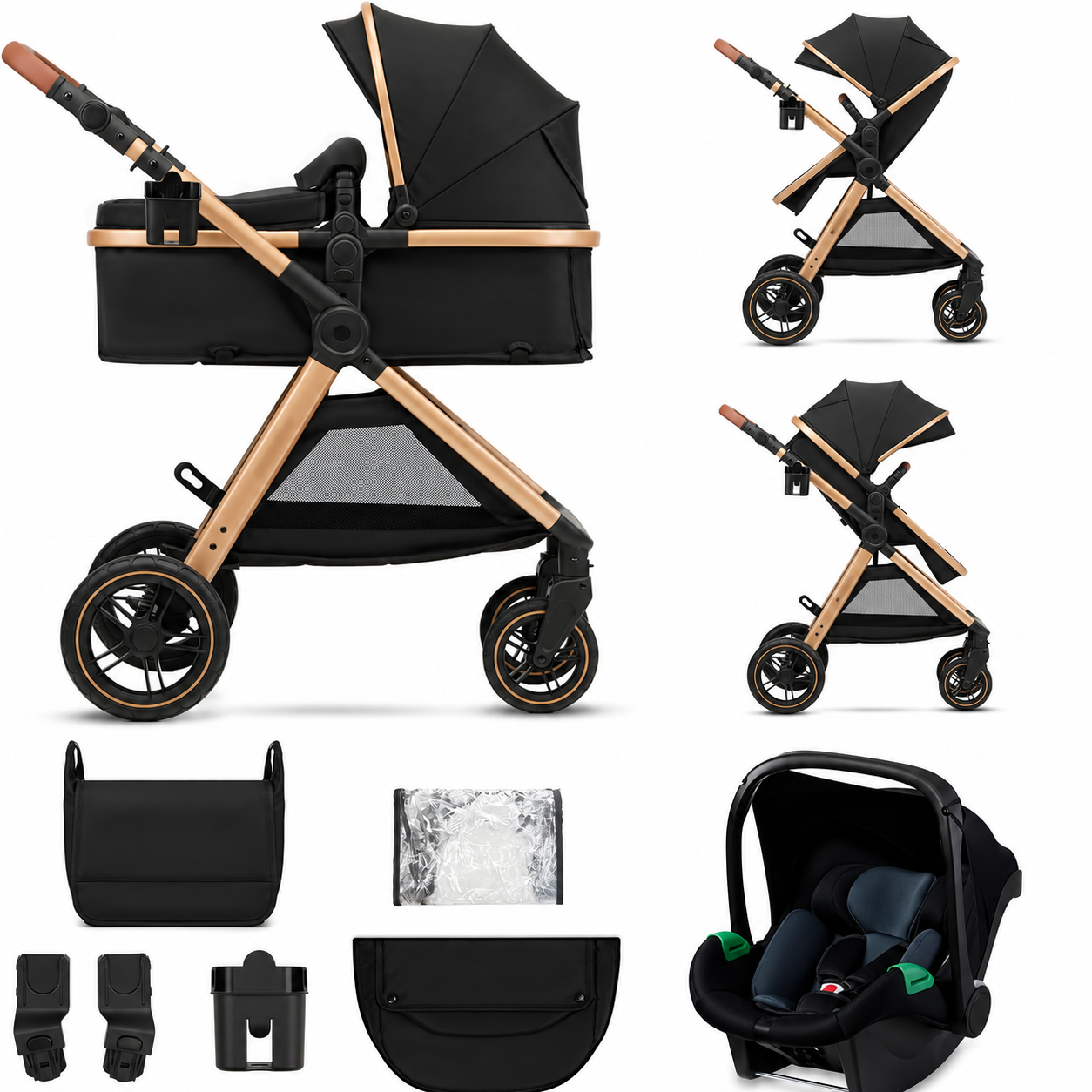 3-in-1 Travel System Baby Stroller – Newborn to 4 Years – Foldable Baby Pushchair with Infant Car Seat & Carrycot