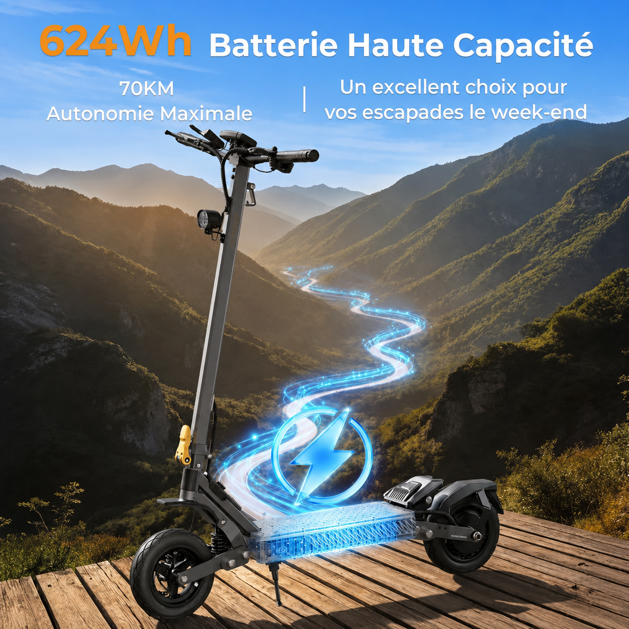 Trottinette Électrique 10 Pouces – Moteur Pic 1100W – Autonomie Jusqu’à 70 km – Batterie 13Ah – Pente 20%