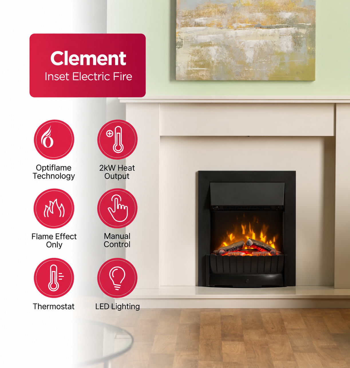  Clement Optiflame 2kW Electric Inset Fire - Black