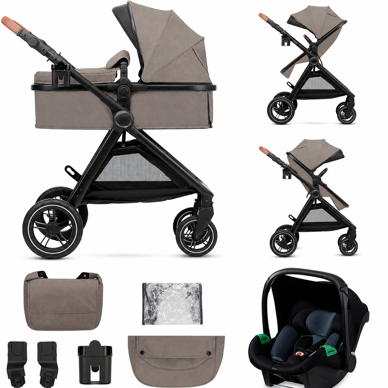 3-in-1 Travel System Baby Stroller – Newborn to 4 Years – Foldable Baby Pushchair with Infant Car Seat & Carrycot