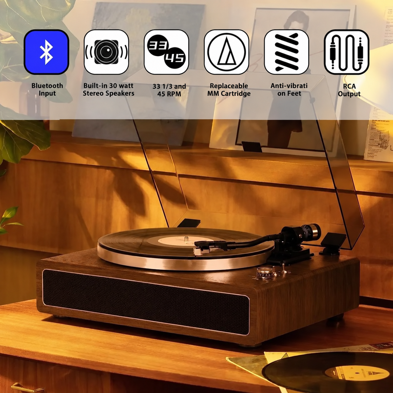 Retro Style Bluetooth Input Record Player with 40W HiFi Speakers & ATN-3600L Stylus