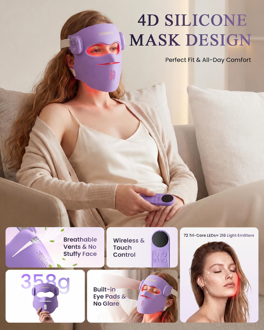 4D Wireless Red Light Mask for Face, LED Mask