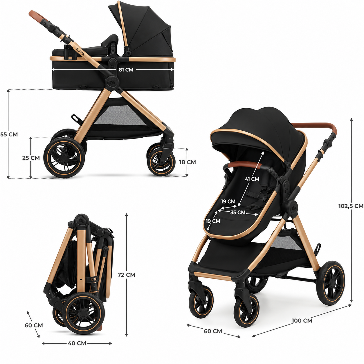3-in-1 Travel System Baby Stroller – Newborn to 4 Years – Foldable Baby Pushchair with Infant Car Seat & Carrycot