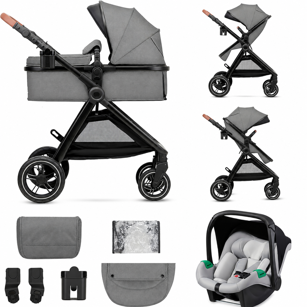 3-in-1 Travel System Baby Stroller – Newborn to 4 Years – Foldable Baby Pushchair with Infant Car Seat & Carrycot