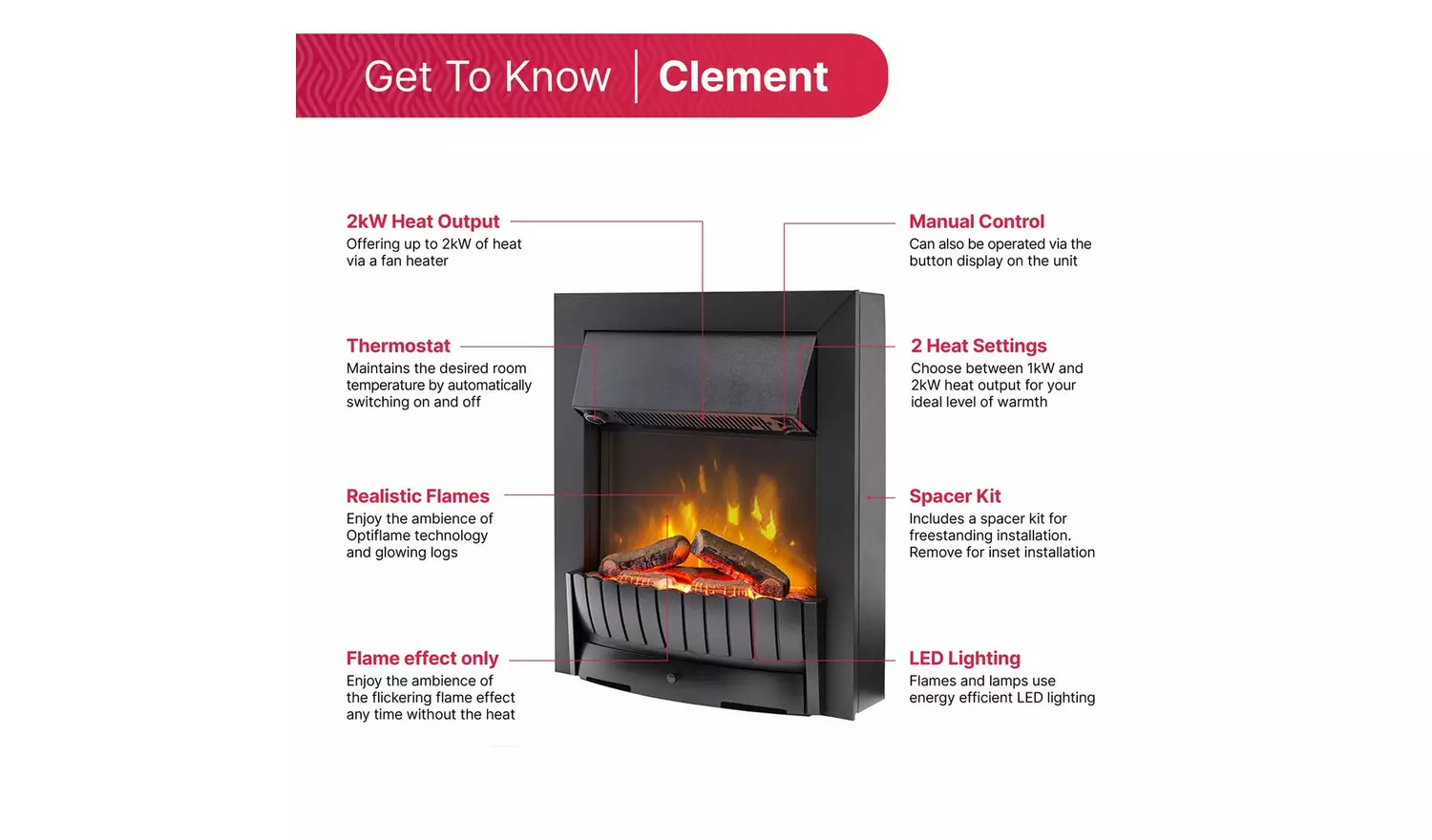  Clement Optiflame 2kW Electric Inset Fire - Black
