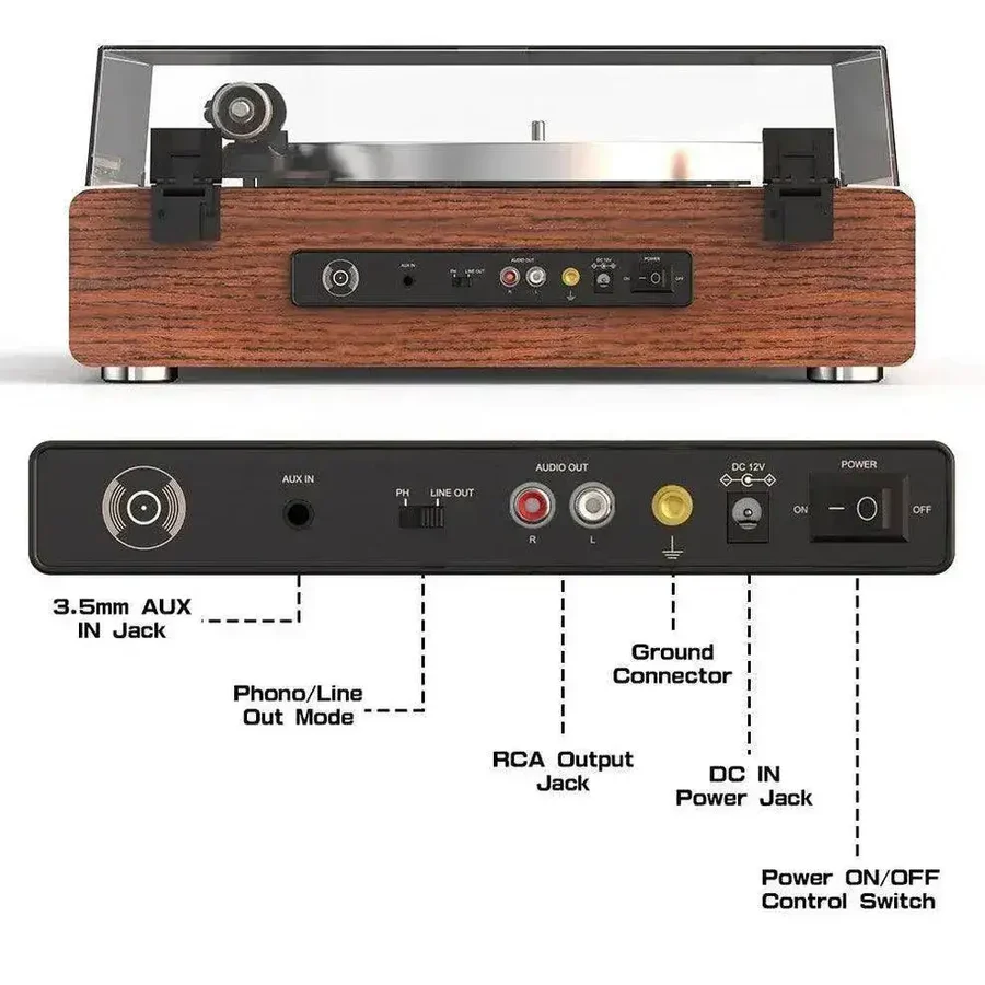 Retro Style Bluetooth Input Record Player with 40W HiFi Speakers & ATN-3600L Stylus
