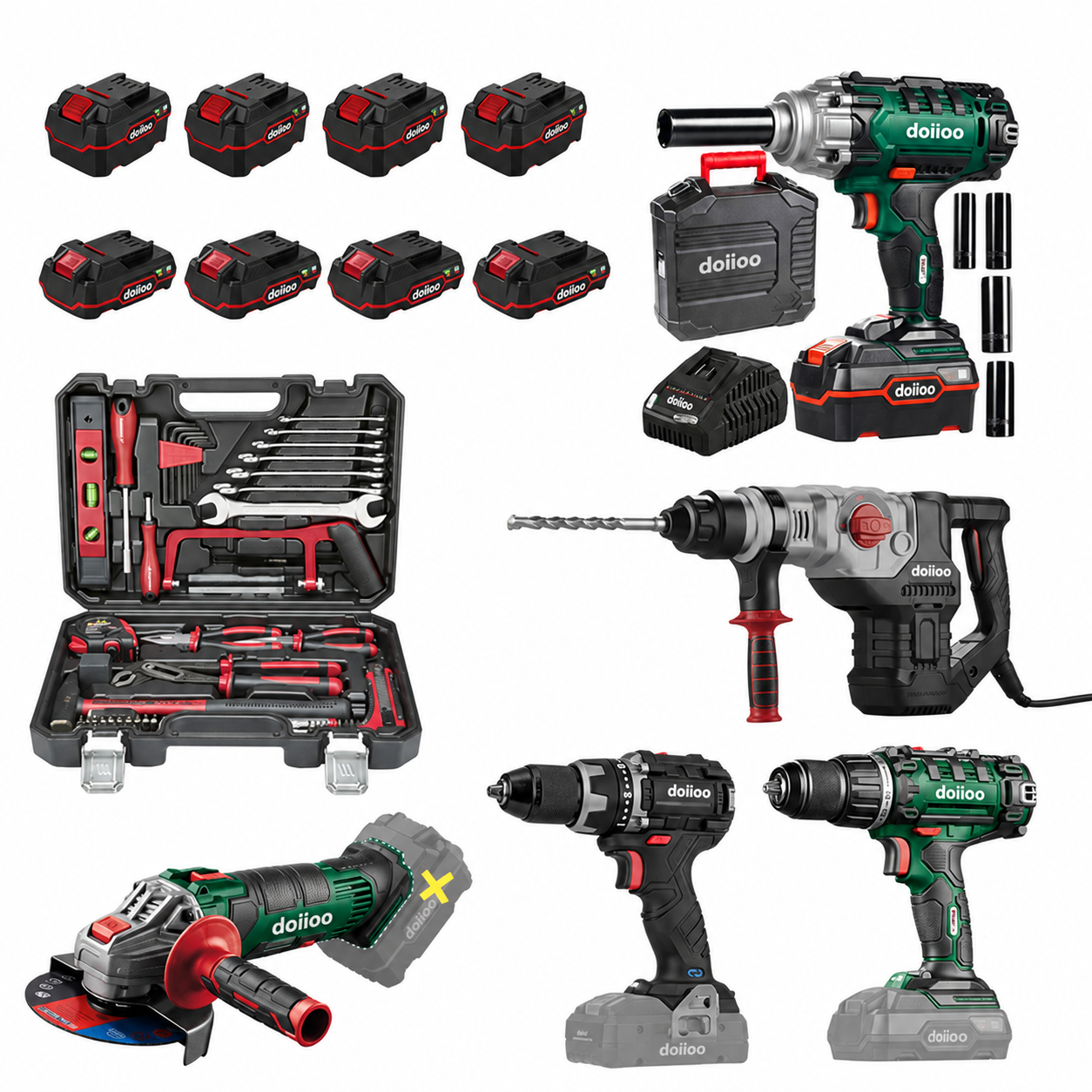 DOIIOO 6-Tool Power Kit with 64-Piece Tool Set, 8 Batteries & 2 Chargers