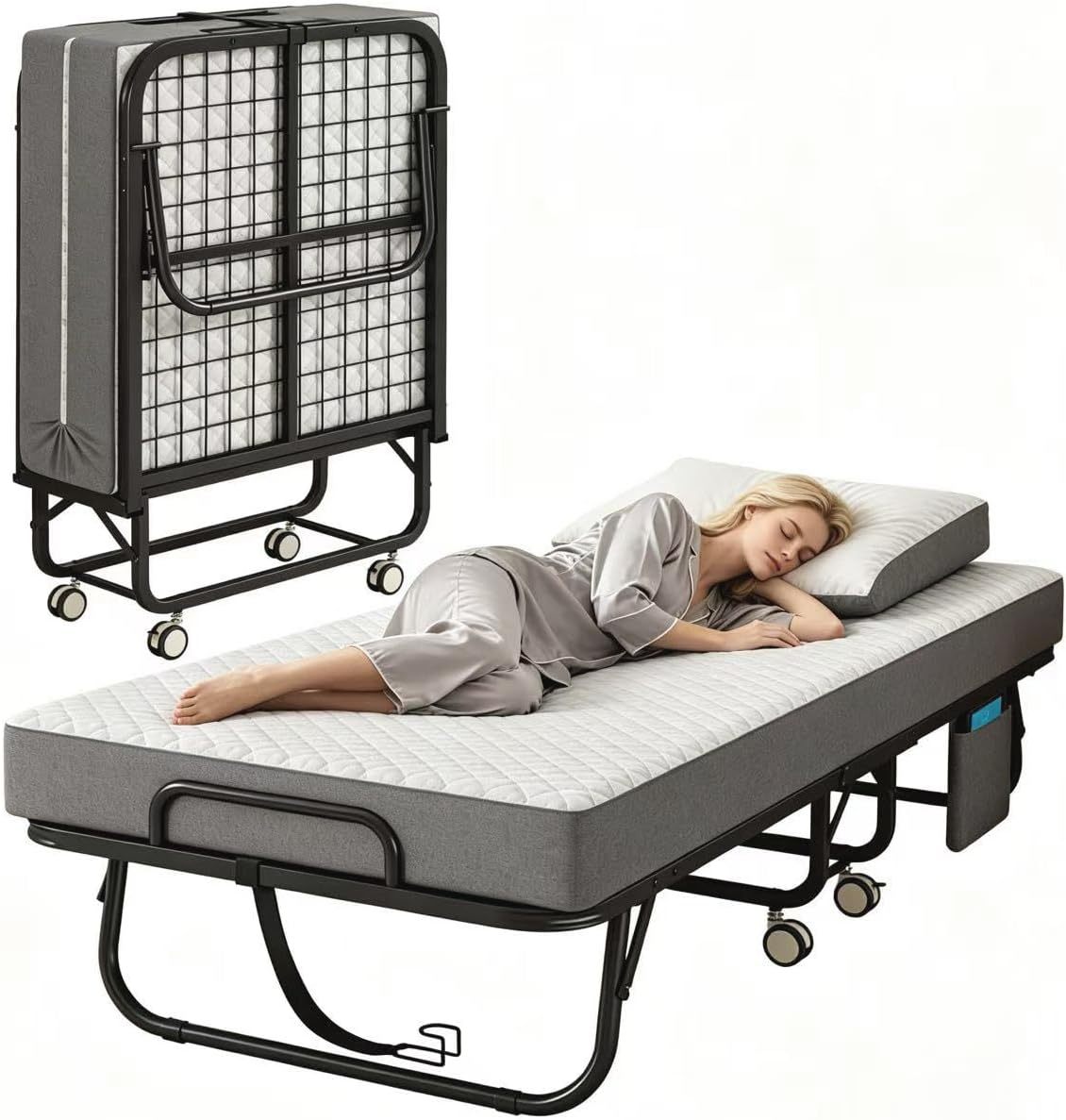 Cama Plegable Individual Con Colchón Marco De Acero Blanco