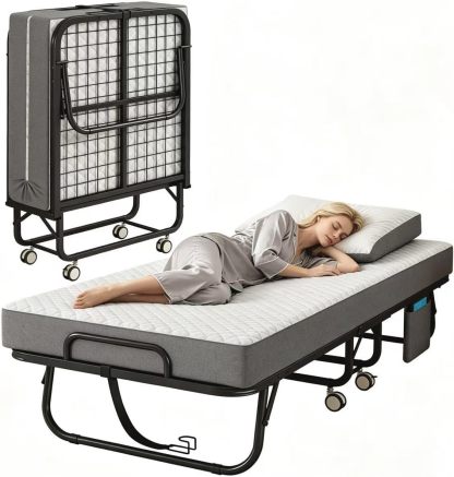 Cama Plegable Individual Con Colchón Marco De Acero Blanco