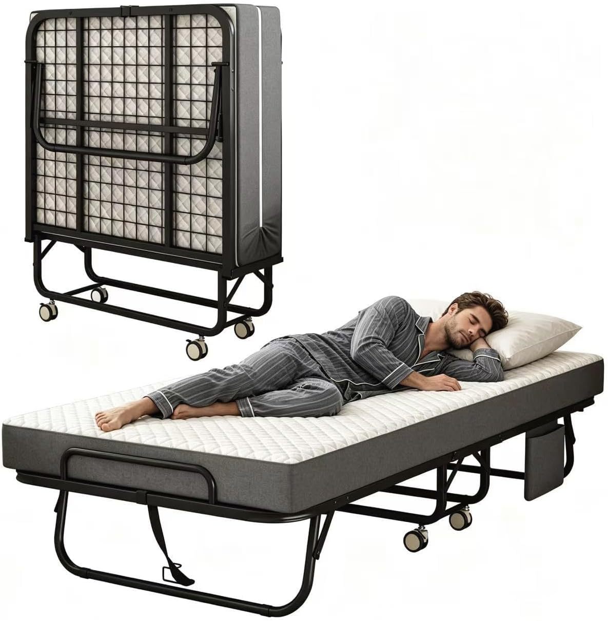 Cama Plegable Individual Con Colchón Marco De Acero Blanco