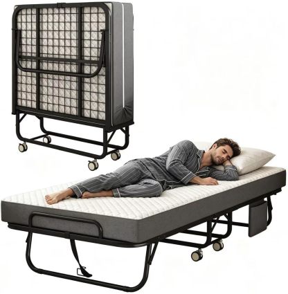 Cama Plegable Individual Con Colchón Marco De Acero Blanco