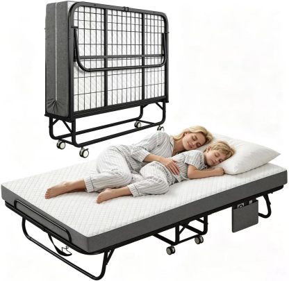 Cama Plegable Individual Con Colchón Marco De Acero Blanco