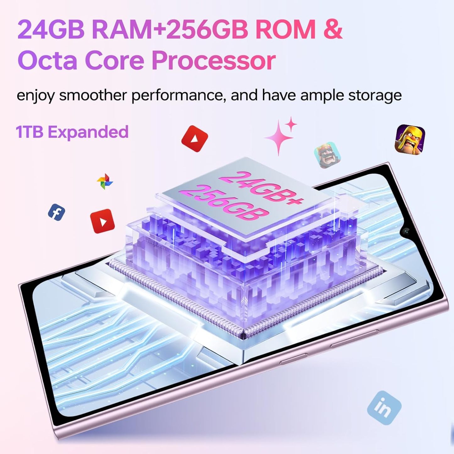Teléfono celular desbloqueado, 24 GB+256 GB/TF 1 TB, visualización de 17,48 cm y visualización trasera de 4,60 cm, batería de 5150 mAh, teléfono Android 15, cámara de 13 MP, teléfono C62 PRO