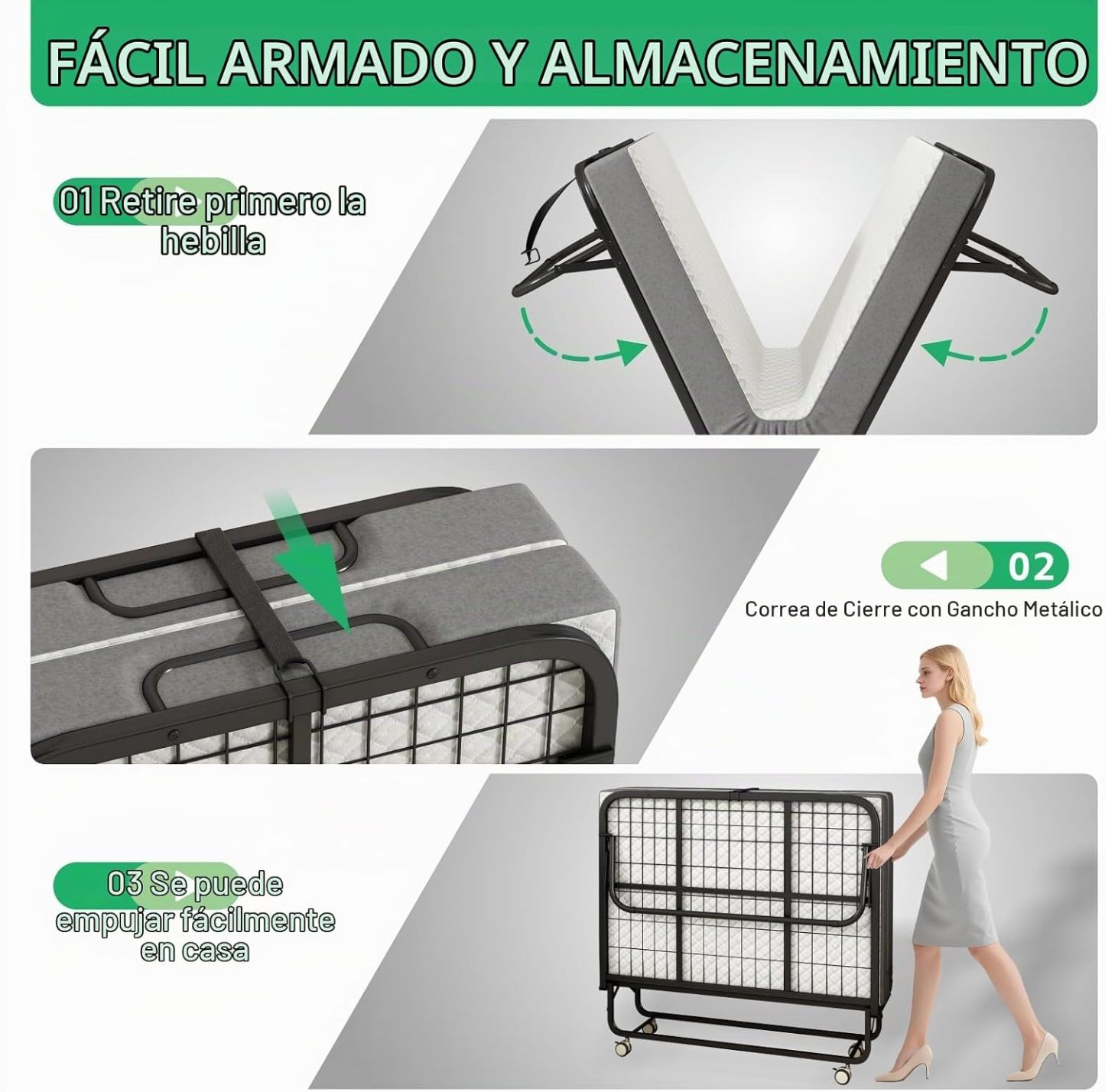 Cama Plegable Individual Con Colchón Marco De Acero Blanco
