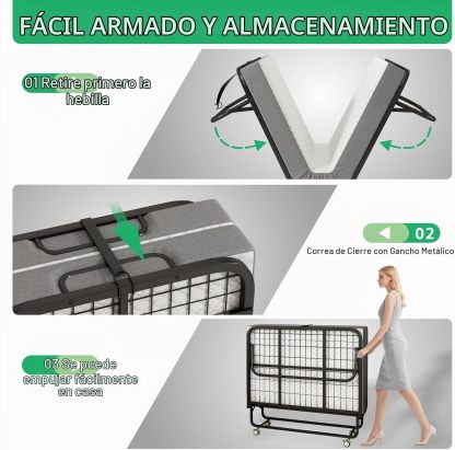 Cama Plegable Individual Con Colchón Marco De Acero Blanco