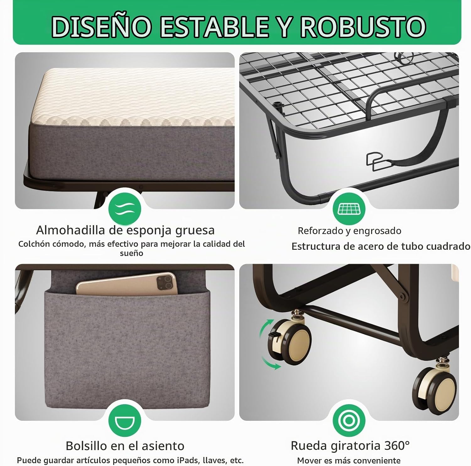 Cama Plegable Individual Con Colchón Marco De Acero Blanco