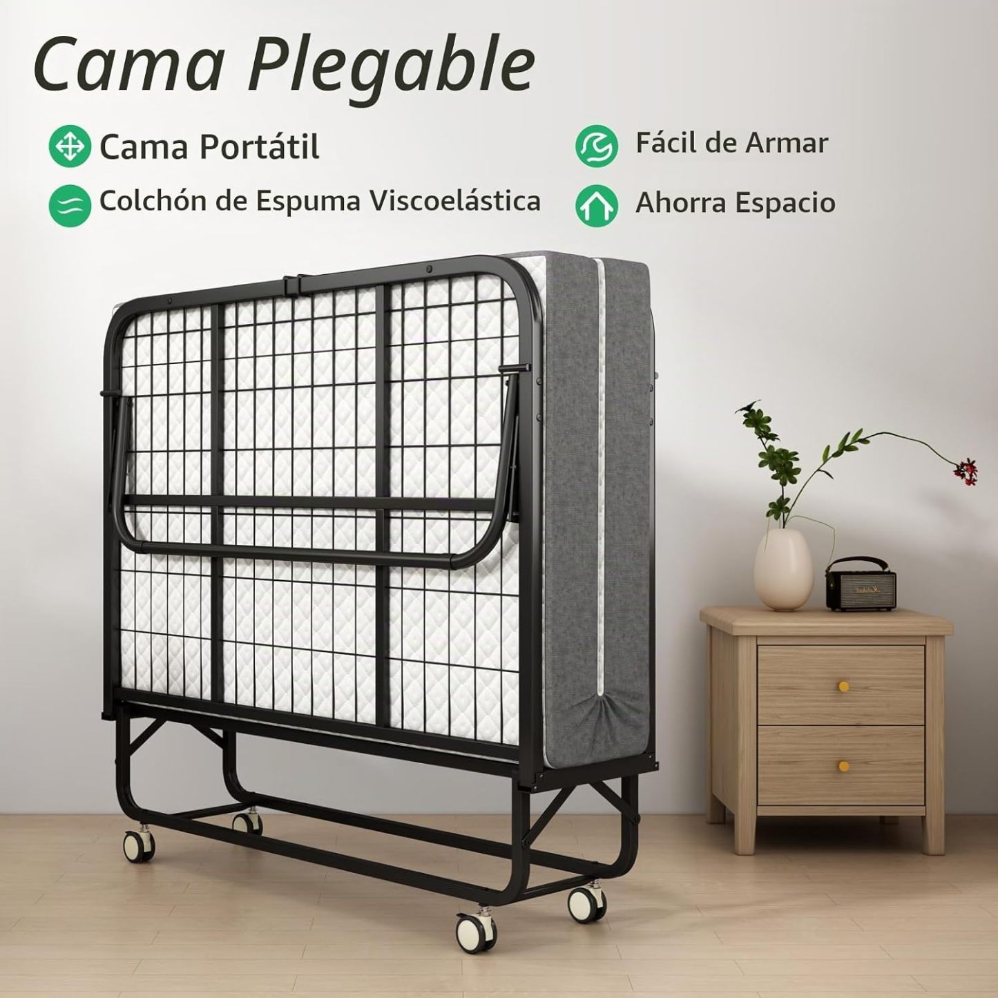 Cama Plegable Individual Con Colchón Marco De Acero Blanco