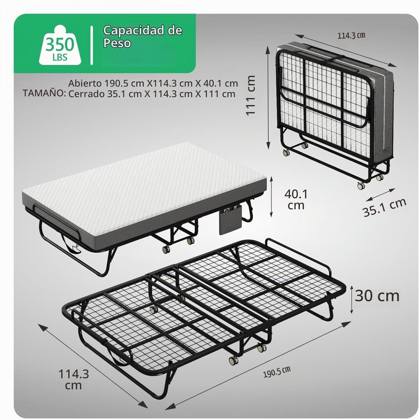 Cama Plegable Individual Con Colchón Marco De Acero Blanco