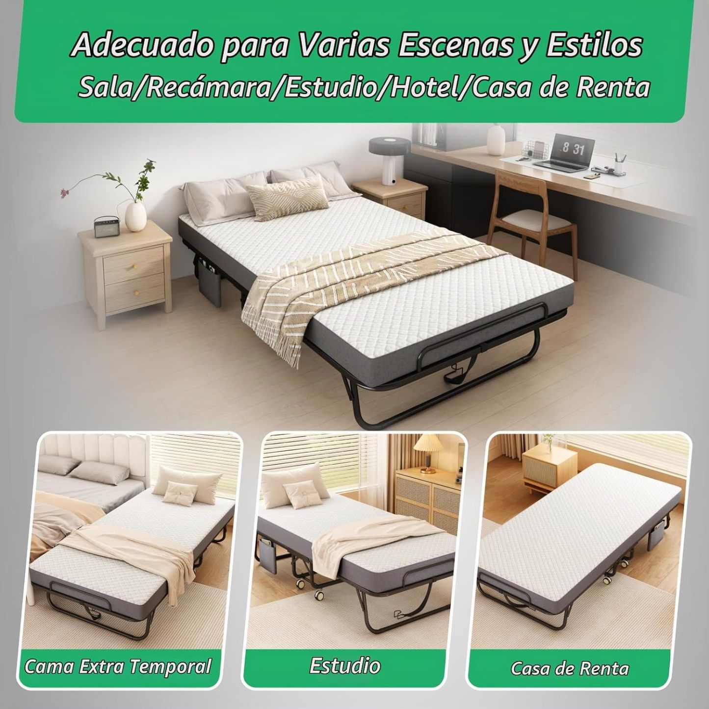 Cama Plegable Individual Con Colchón Marco De Acero Blanco