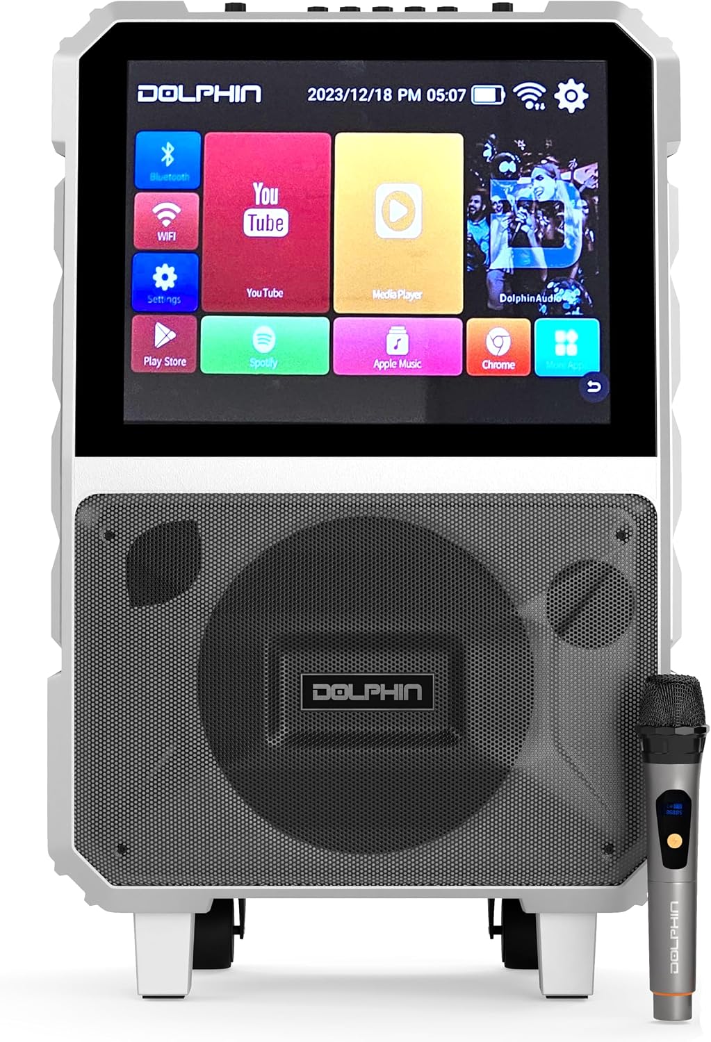 Máquina portátil de karaoke | tablet de 14 pulgadas, modulación de voz, HDMI, Bluetooth, USB, SD, FM, recargable, 8 pulgadas y 100 vatios, mango de carro y ruedas