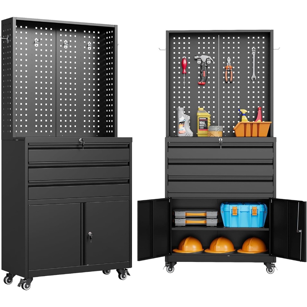 Gabinete de almacenamiento de metal con ruedas y cajones, gabinete de almacenamiento de garaje rodante con cerradura, gabinete de herramientas de metal negro con gancho
