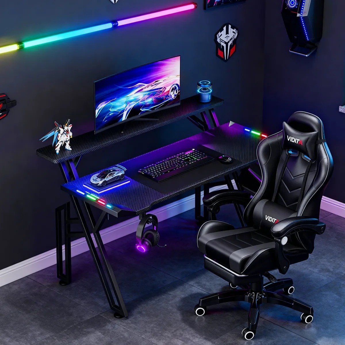 Set Silla Gamer Con Reposapiés y Escritorio Gamer Estantes RGB 120cm Con Luz