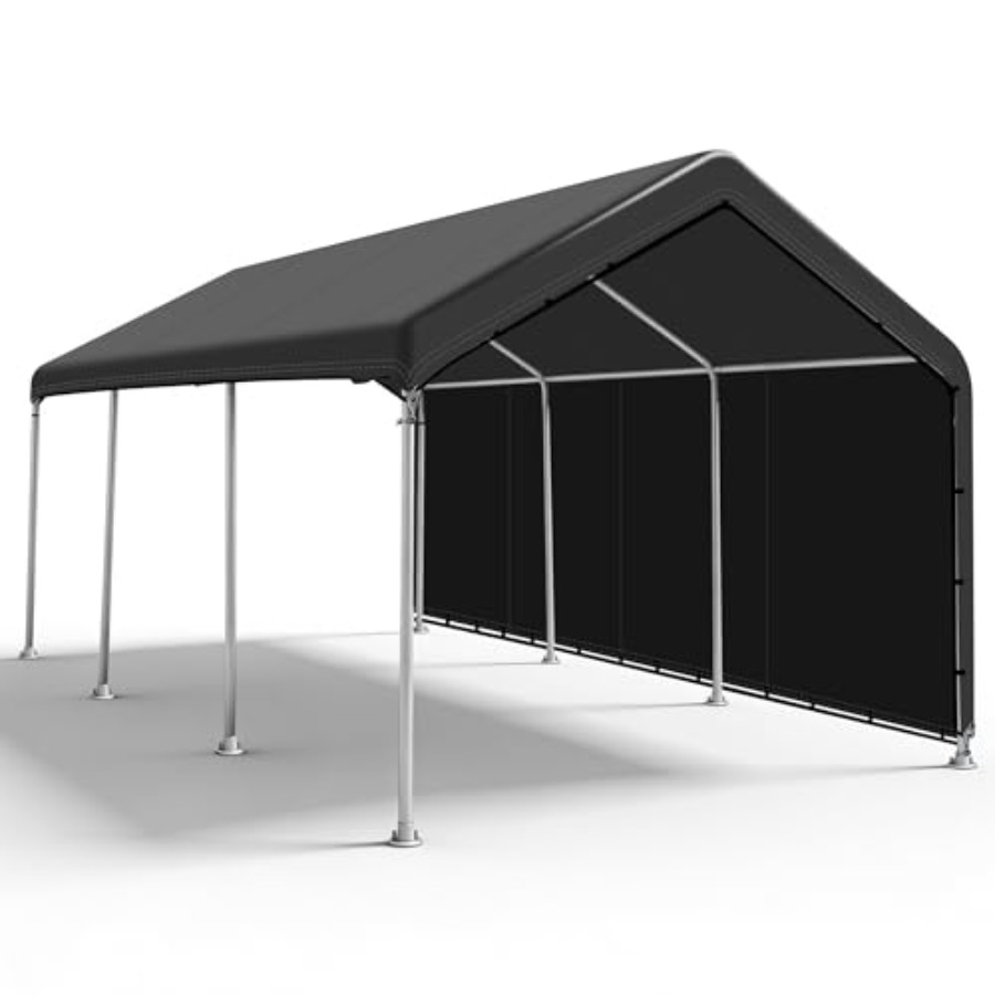 Carport canopy cover for outdoor vehicle shelter 500D black polyester waterproof and UV-resistant easy setup includes sidewall