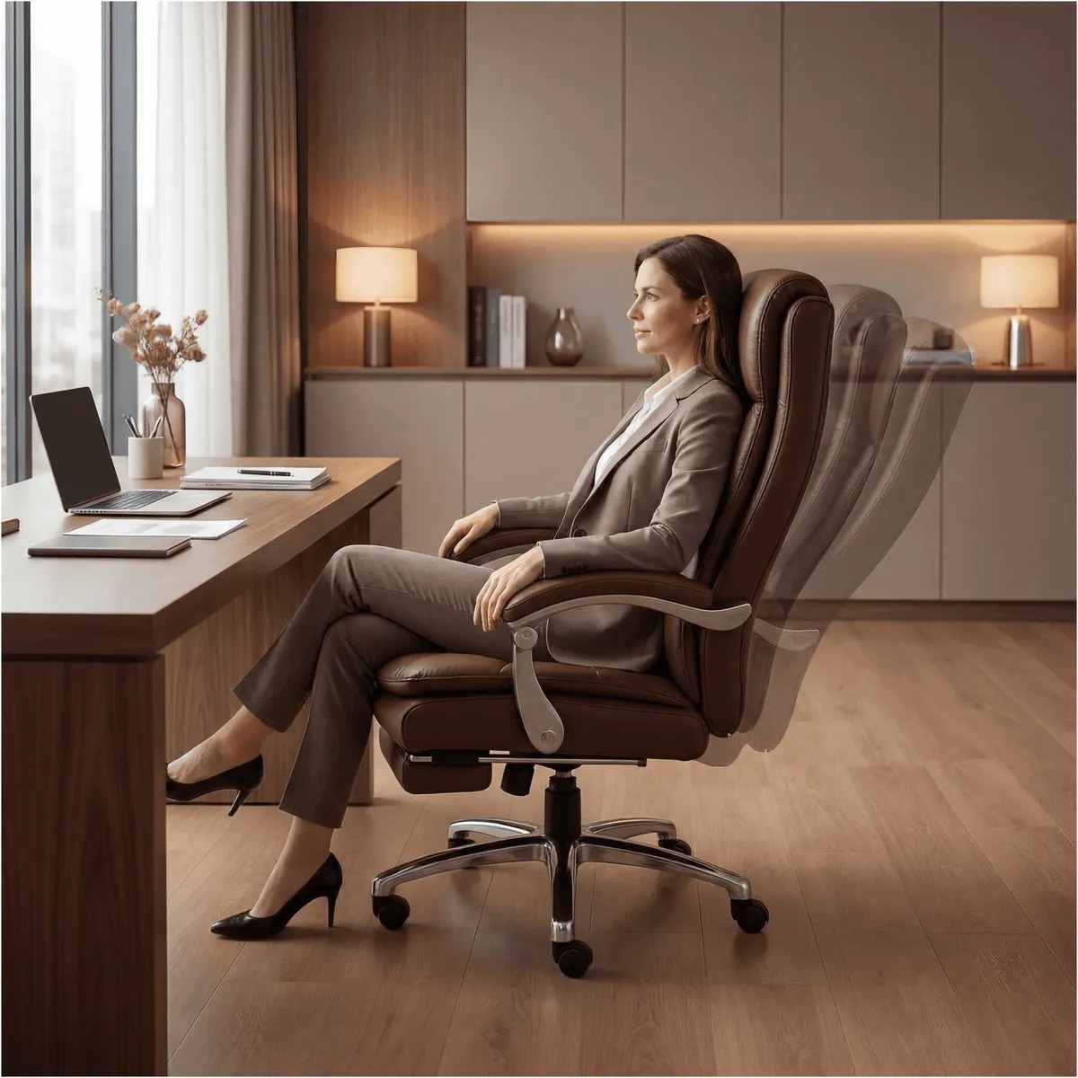 Silla Oficina Gerencial Asiento De Cuero Pata Acero Premium