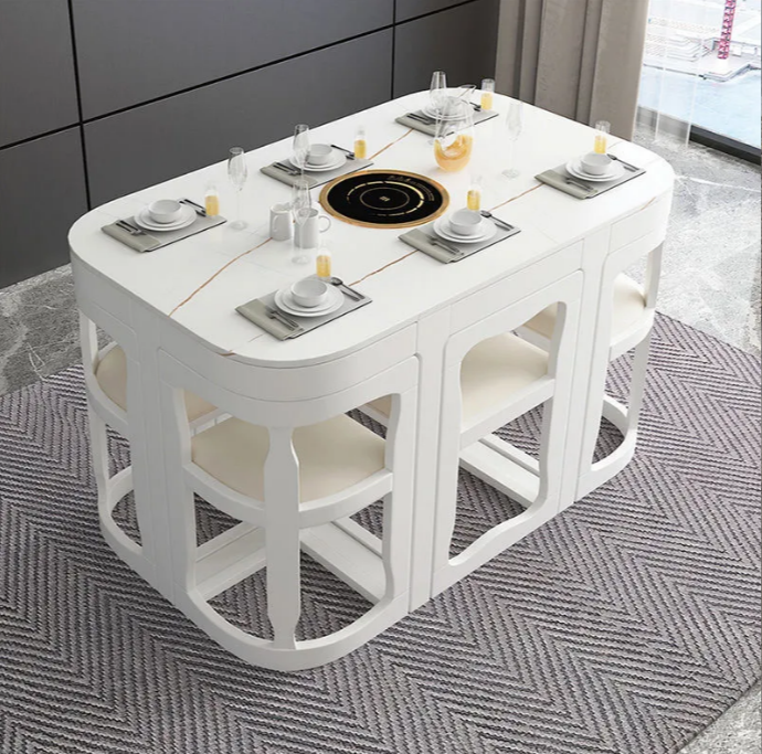 Mesa de comedor de lujo, decoración de comedor, mesa grande de cerámica blanca, mesa de comedor deslizante y juego de sillas.