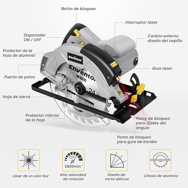 Sierra Circular 1200W, Sierra Circular de Mano 5800RPM, 2 Hojas de Sierra de 24T+40T(Ø185mm), Corte 62mm(90°)/42mm(45°), Guía Láser, para Cortar Madera, Metal Blando, Plástico