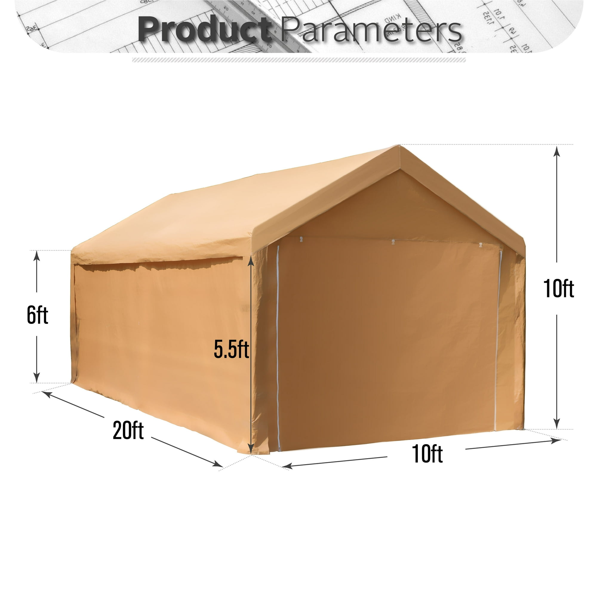 Carpa para cochera de alta resistencia de 10' x 20' con paredes laterales, color beige