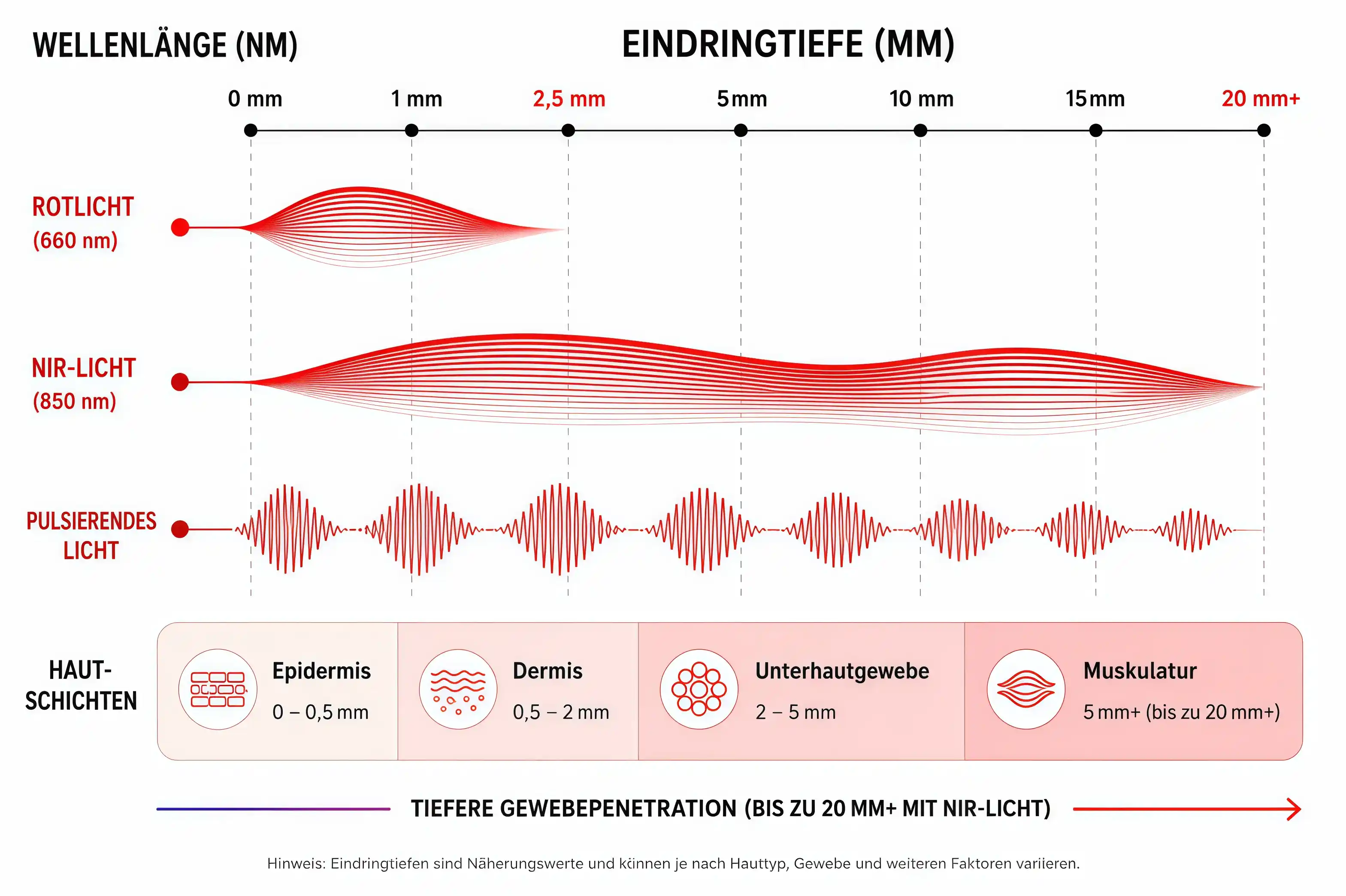 Diagramm zur Eindringtiefe von Rotlicht und Nahinfrarotlicht