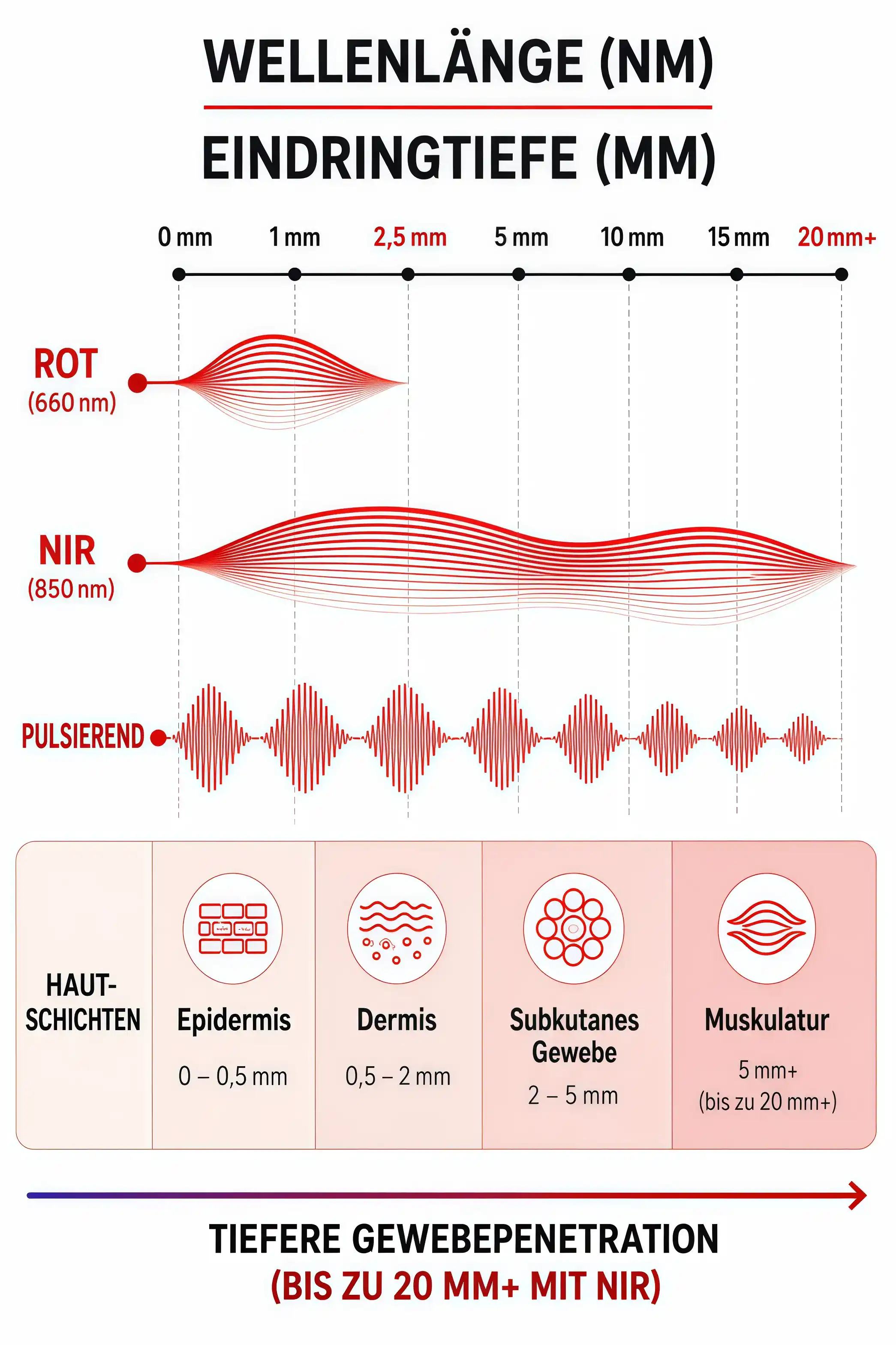 Diagramm zur Eindringtiefe von Rotlicht und Nahinfrarotlicht