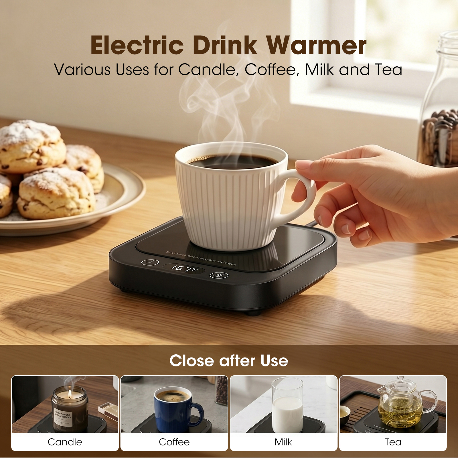MQHOOB Desktop Mug Warmer, Cup Warmer for Desk with Auto Shut Off & 4 temperature settings，Electric coffee mug warmer for all cups warming coffee, milk, and candles(Black)