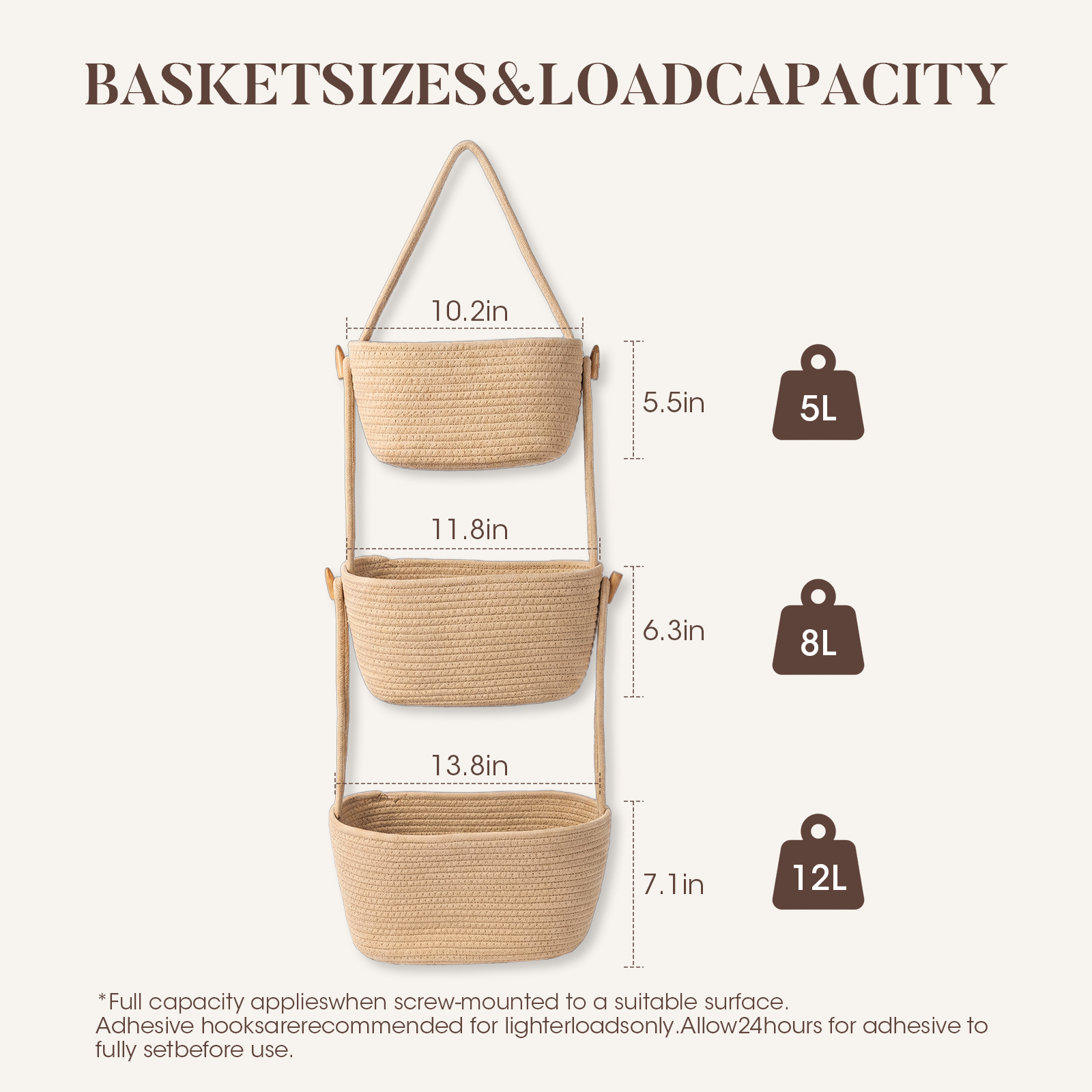MQHOOB 3-Tier Hanging Wall Basket, over-the-Door Organizer with 3 Hooks, Woven Storage Basket for Home, Nursery, Bedroom, Kitchen
