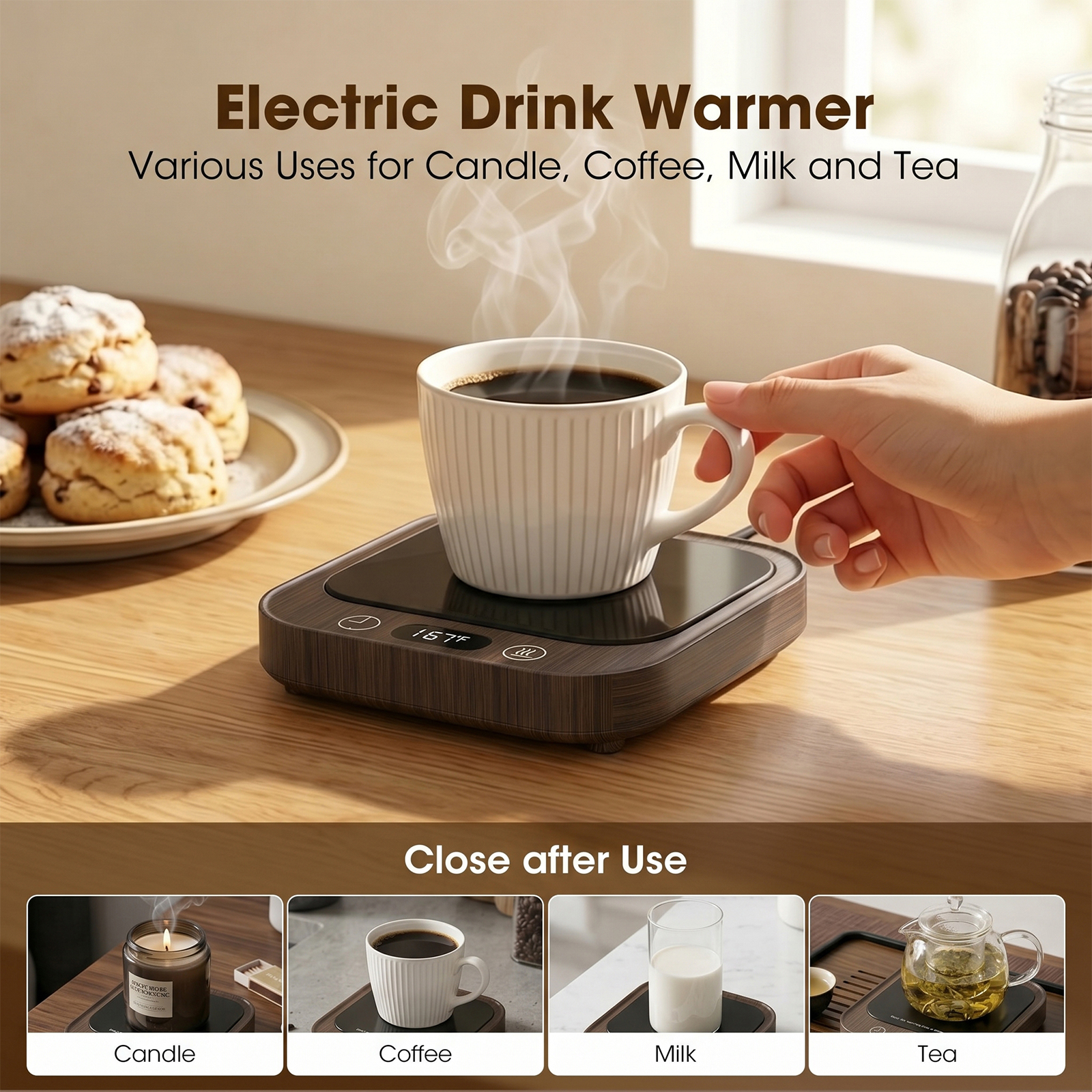 MQHOOB Desktop Mug Warmer, Cup Warmer for Desk with Auto Shut Off & 4 Temperature settings，Electric Coffee Mug Warmer for All Cups Warming Coffee, Milk, and Candles(Wood Grain)