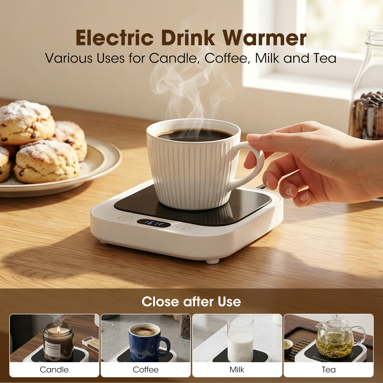 MQHOOB Desktop Mug Warmer, Cup Warmer for Desk with Auto Shut Off & 4 temperature settings，Electric coffee mug warmer for all cups warming coffee, milk, and candles(White)