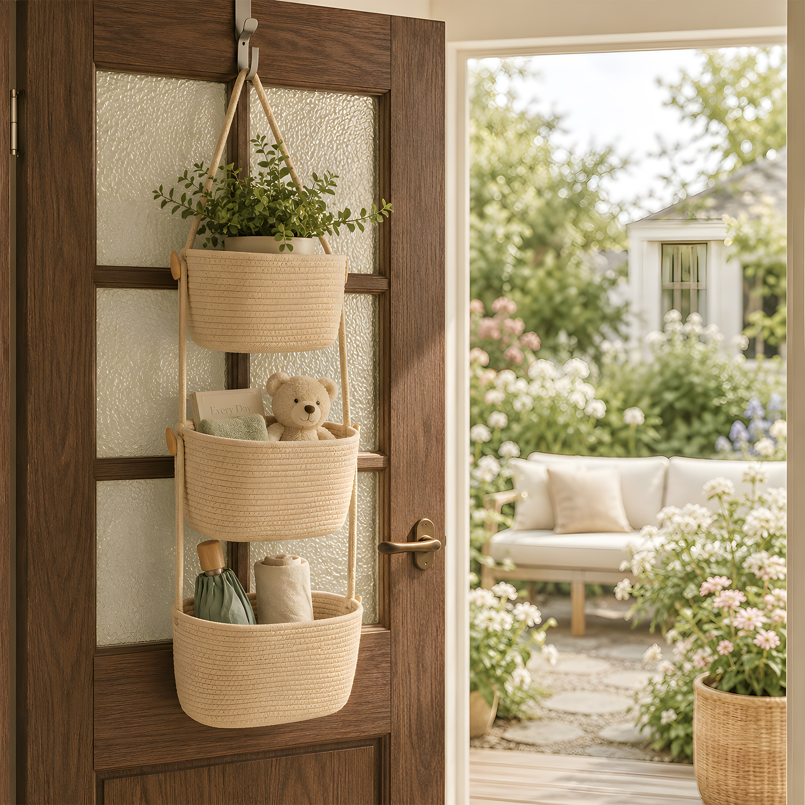 MQHOOB 3-Tier Hanging Wall Basket, over-the-Door Organizer with 3 Hooks, Woven Storage Basket for Home, Nursery, Bedroom, Kitchen