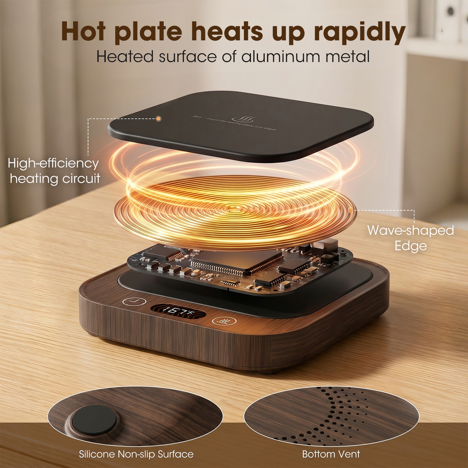 MQHOOB Desktop Mug Warmer, Cup Warmer for Desk with Auto Shut Off & 4 Temperature settings，Electric Coffee Mug Warmer for All Cups Warming Coffee, Milk, and Candles(Wood Grain)
