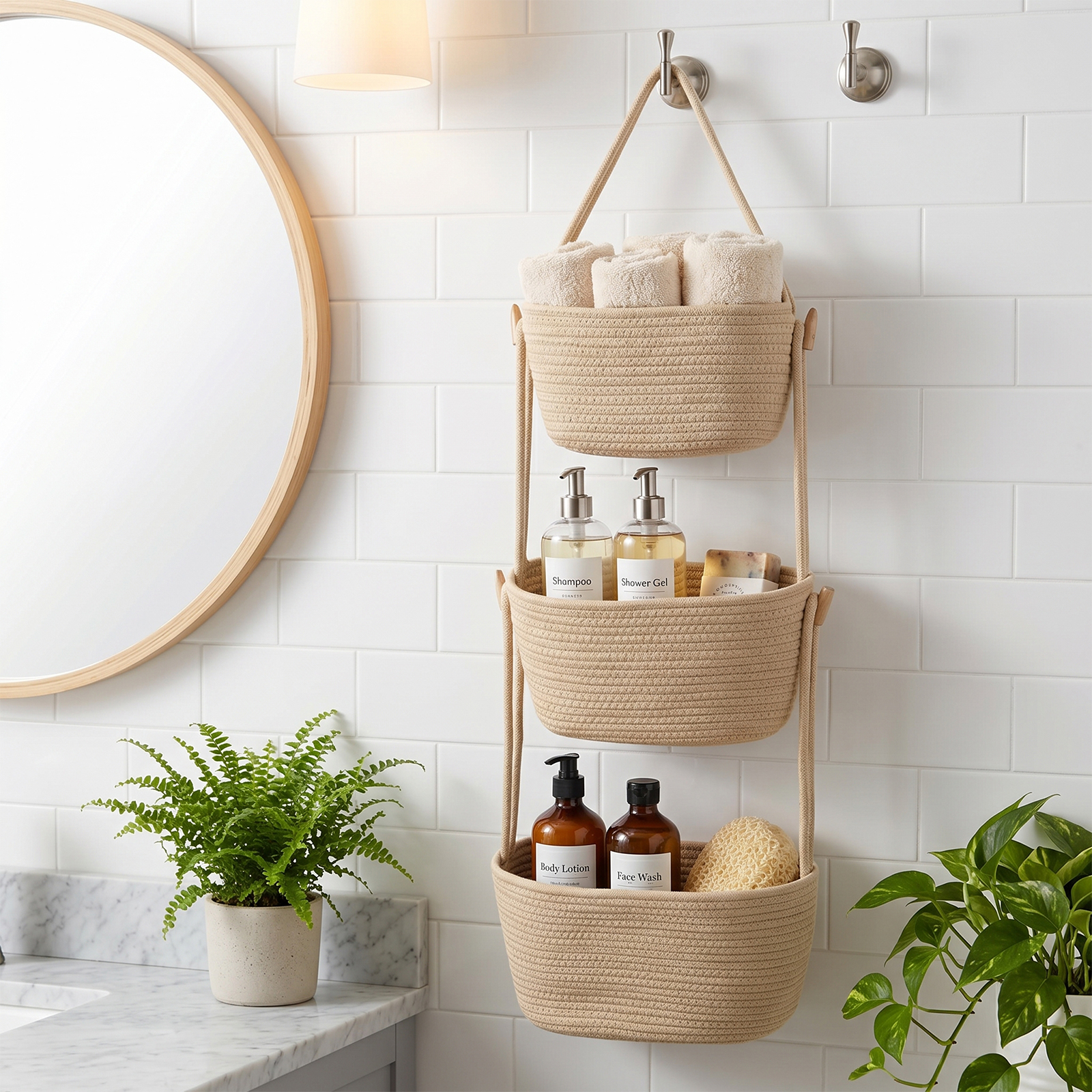 MQHOOB 3-Tier Hanging Wall Basket, over-the-Door Organizer with 3 Hooks, Woven Storage Basket for Home, Nursery, Bedroom, Kitchen