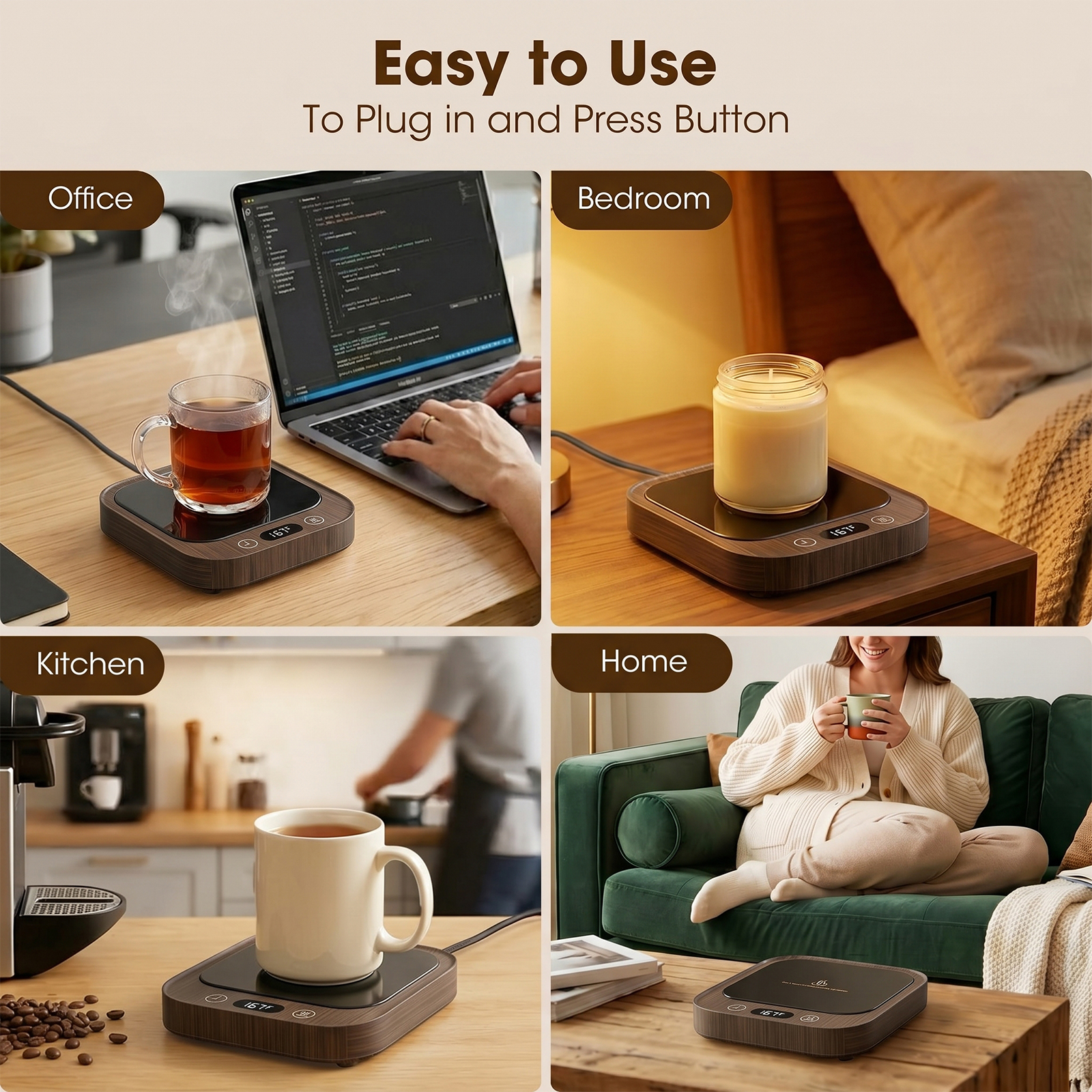 MQHOOB Desktop Mug Warmer, Cup Warmer for Desk with Auto Shut Off & 4 Temperature settings，Electric Coffee Mug Warmer for All Cups Warming Coffee, Milk, and Candles(Wood Grain)