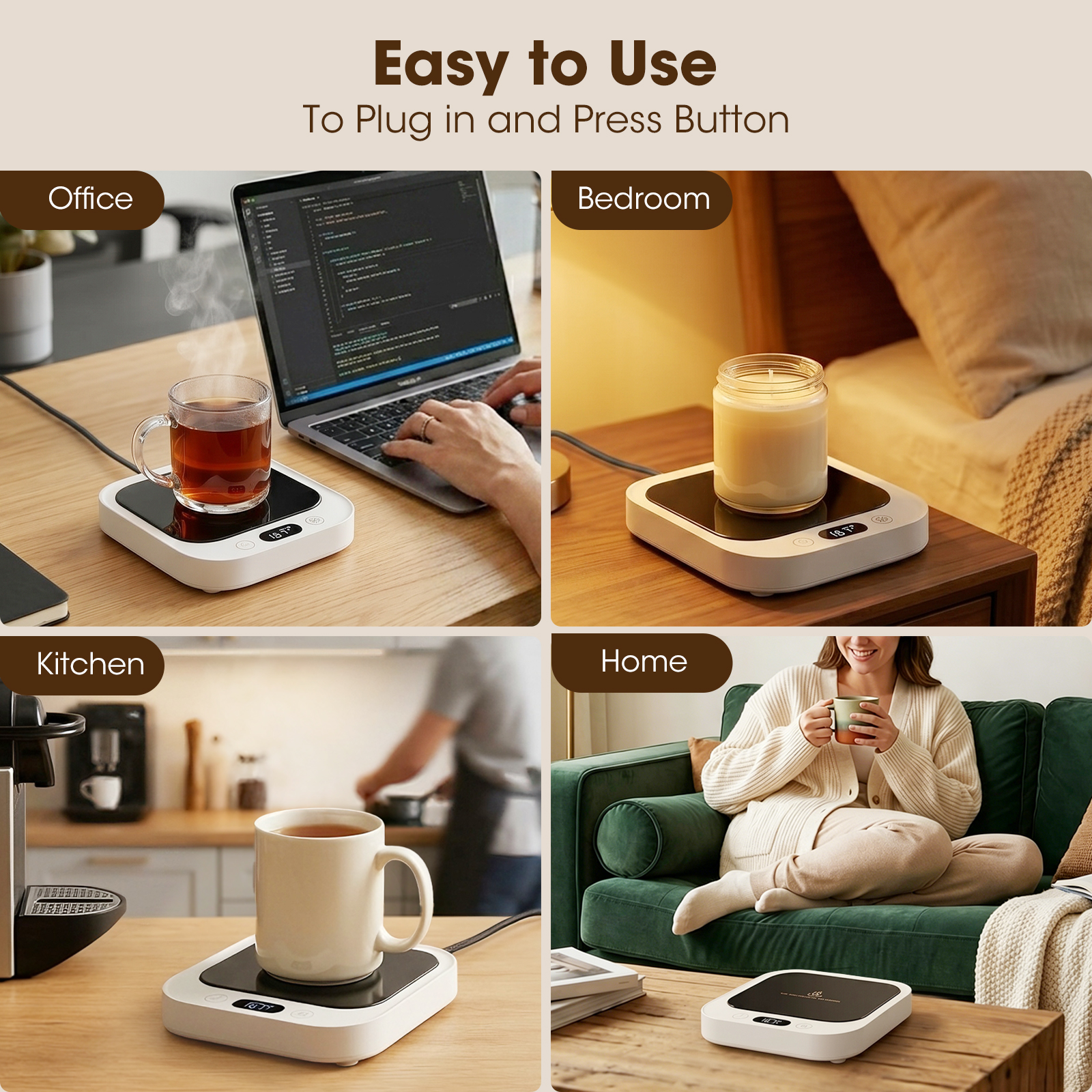 MQHOOB Desktop Mug Warmer, Cup Warmer for Desk with Auto Shut Off & 4 temperature settings，Electric coffee mug warmer for all cups warming coffee, milk, and candles(White)