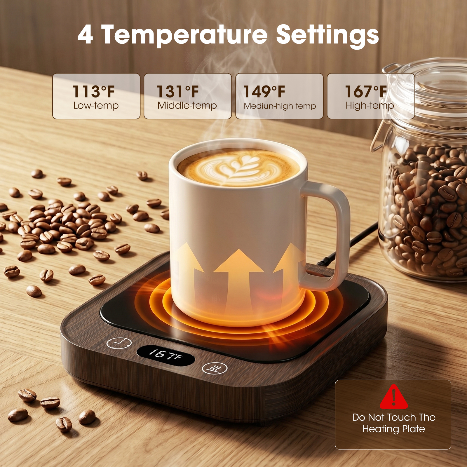 MQHOOB Desktop Mug Warmer, Cup Warmer for Desk with Auto Shut Off & 4 Temperature settings，Electric Coffee Mug Warmer for All Cups Warming Coffee, Milk, and Candles(Wood Grain)