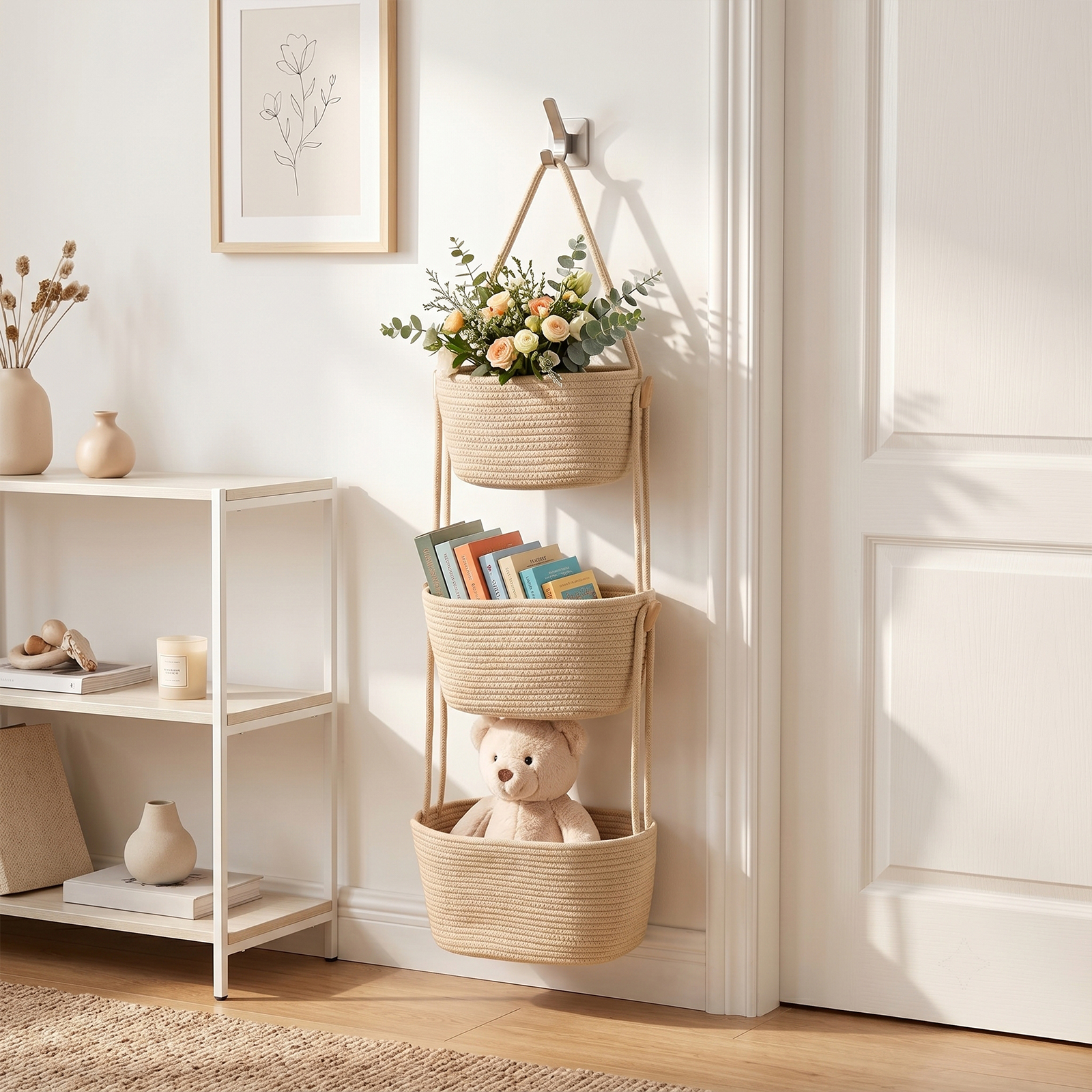 MQHOOB 3-Tier Hanging Wall Basket, over-the-Door Organizer with 3 Hooks, Woven Storage Basket for Home, Nursery, Bedroom, Kitchen